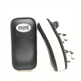 THAISMAI KP142 Muay Thai kick pad in black and white, shown from the front and side to display the striking face, padded profile and fastening straps.