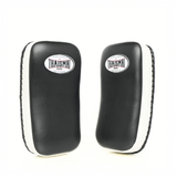 Front view of a pair of THAISMAI KP142 Muay Thai kick pads in black and white, featuring the smooth target faces and THAISMAI logo.