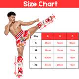 THAISMAI shin guard sizing chart for sizes S–XL, with A/B/C measurements from 36/14/10 cm (S) through 44/20/14 cm (XL), shown on a leg and foot diagram.