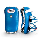 Twins Special KPL-12 Deluxe kicking pads in black and gray with dense impact padding, curved striking surface and secure dual-strap hand compartments for Muay Thai and kickboxing training on a white background
