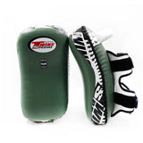 Twins Special KPL-12 Deluxe kicking pads in black and gray with dense impact padding, curved striking surface and secure dual-strap hand compartments for Muay Thai and kickboxing training on a white background