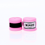 Pair of rolled pink Windy hand wraps showing the logo label and closure strap