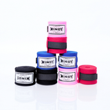 Rolled Windy hand wraps in black, blue, pink and red stacked on a white background