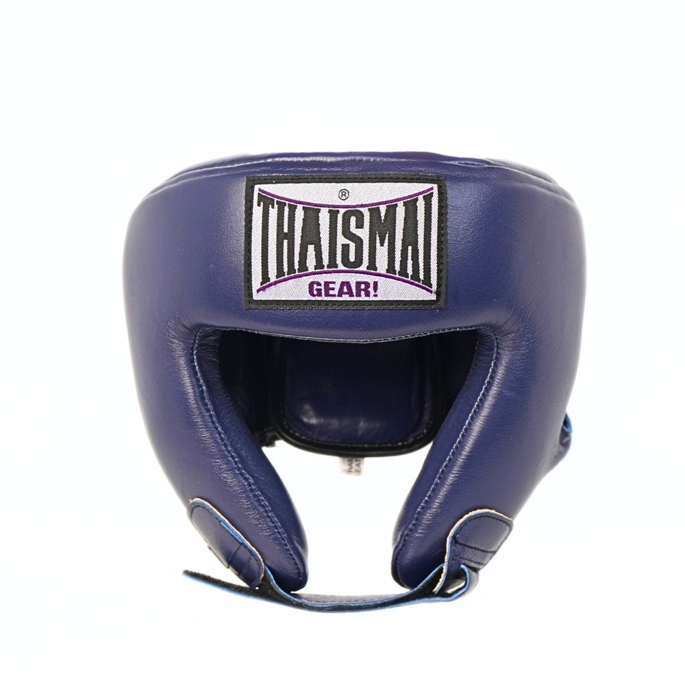Front view of the blue THAISMAI HG-152 Muay Thai sparring head guard with open-face cutout and padded chin support