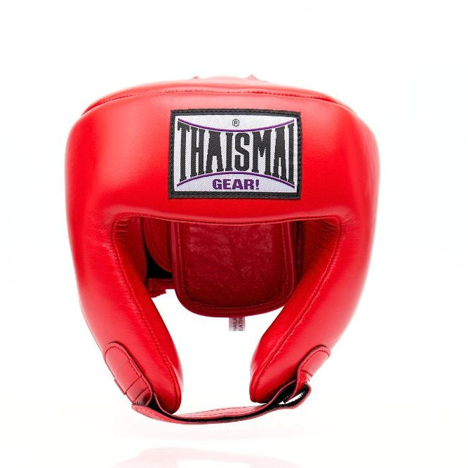 Front view of the red THAISMAI HG-152 Muay Thai sparring head guard with open-face design and padded chin support