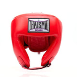 Front view of the red THAISMAI HG-152 Muay Thai sparring head guard with open-face design and padded chin support