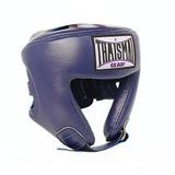 Three-quarter front view of the blue THAISMAI HG-152 Muay Thai sparring head guard with brow logo, face opening and padded chin