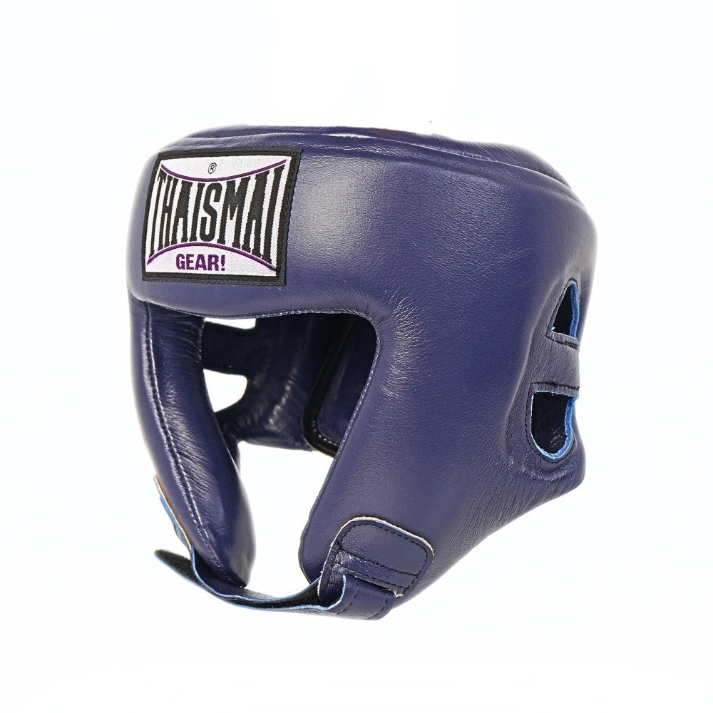Side profile of the blue THAISMAI HG-152 Muay Thai sparring head guard with brow logo, face opening and padded shell