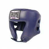 Side profile of the blue THAISMAI HG-152 Muay Thai sparring head guard with brow logo, face opening and padded shell