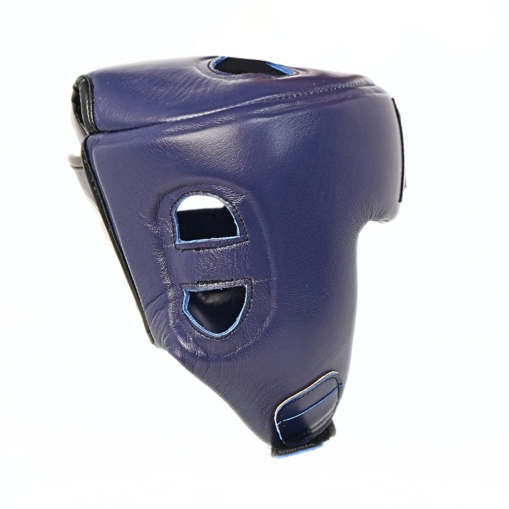 Rear-side view of the blue THAISMAI HG-152 Muay Thai sparring head guard with rear strap, ear openings and blue contrast stitching