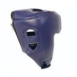 Rear-side view of the blue THAISMAI HG-152 Muay Thai sparring head guard with rear strap, ear openings and blue contrast stitching