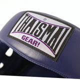 Close-up of the THAISMAI Gear logo patch on the blue HG-152 Muay Thai sparring head guard