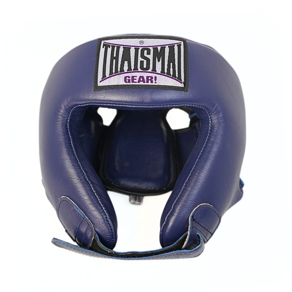 Front view of the blue THAISMAI HG-152 head guard, showing the forehead logo, open-face cutout and padded chin support against a white background.