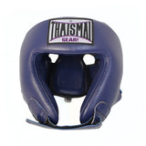Front view of the blue THAISMAI HG-152 head guard, showing the forehead logo, open-face cutout and padded chin support against a white background.