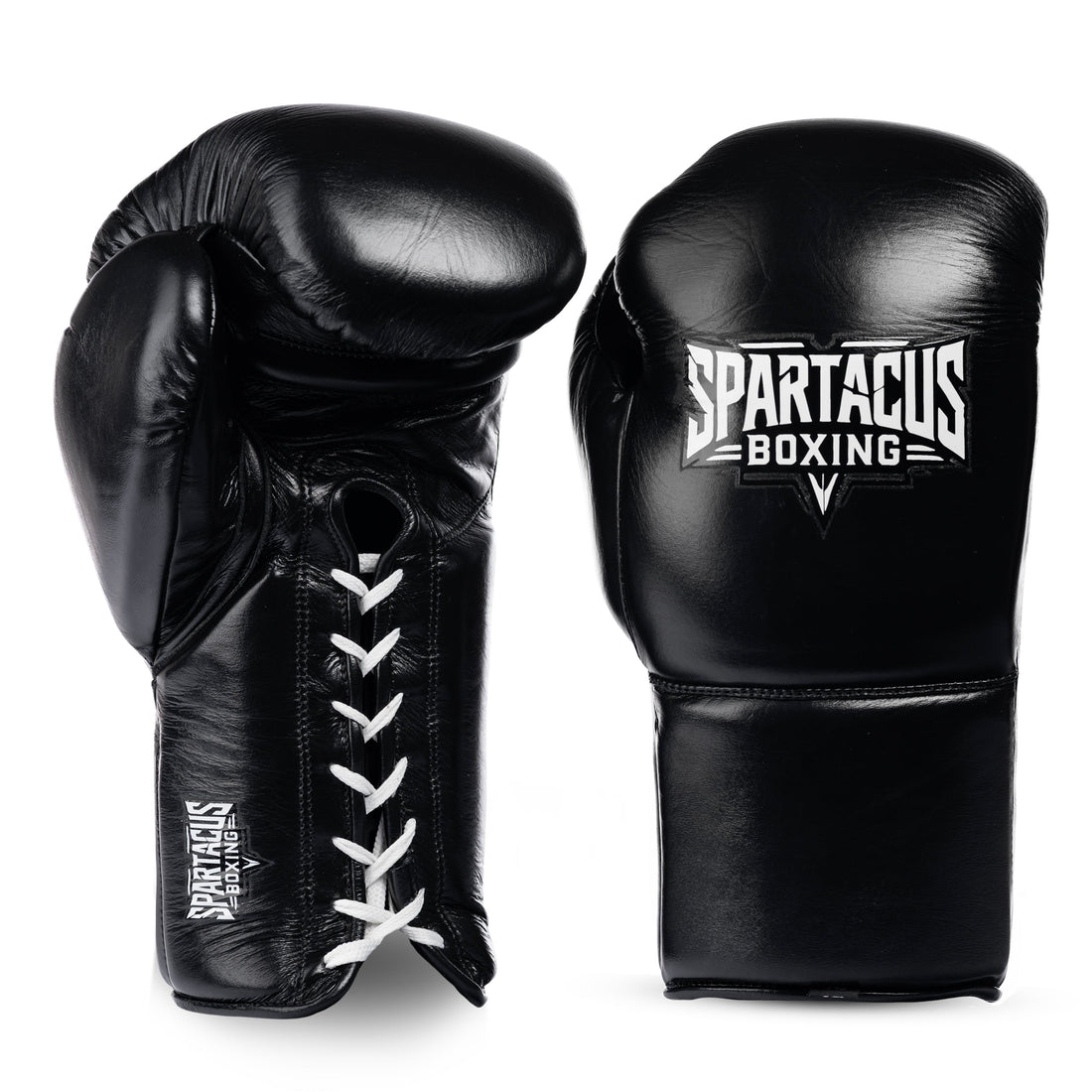 Black Spartacus Boxing sparring gloves with lace-up wrist closure.