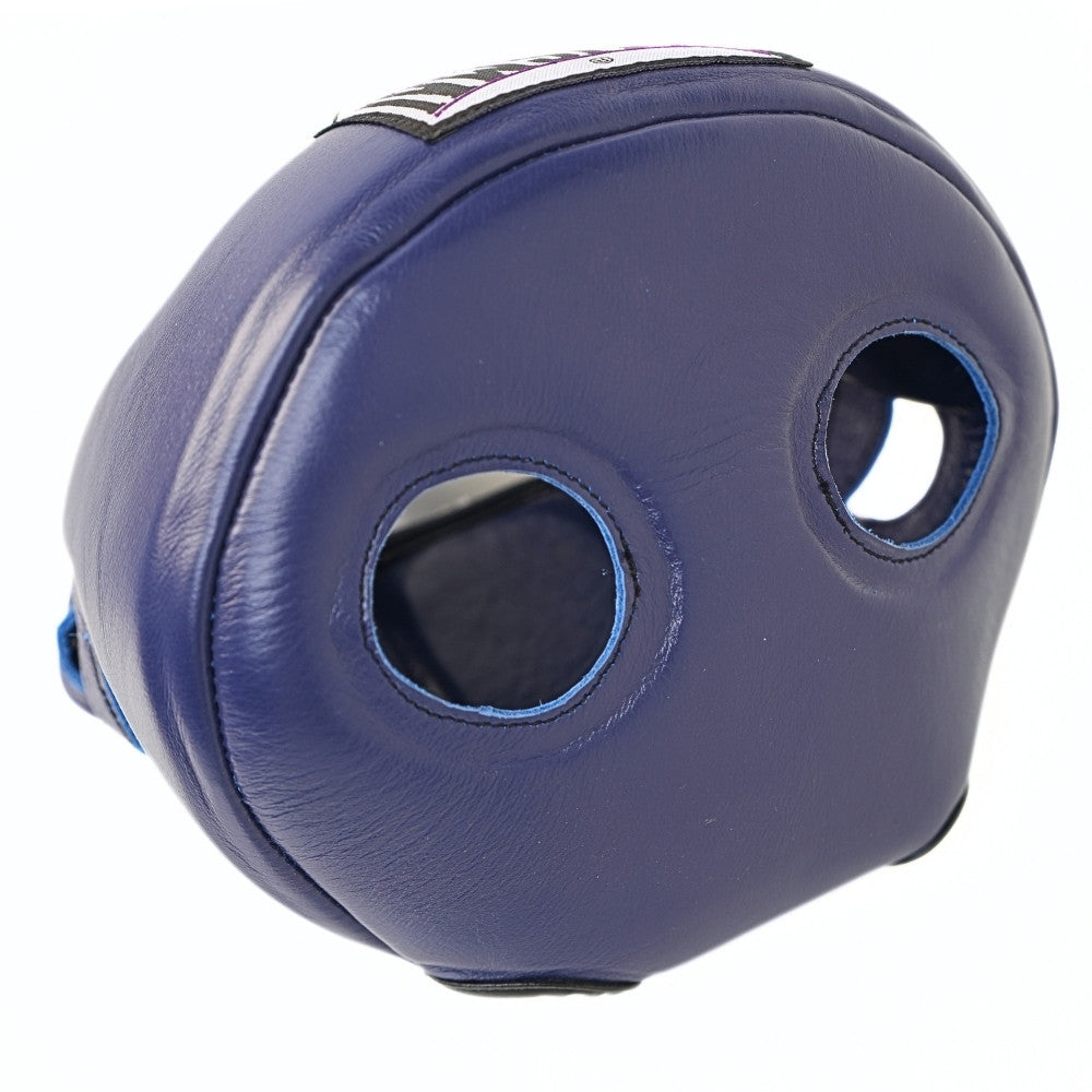 Close rear-side view of the blue THAISMAI HG-152 head guard, showing the padded shell, ear openings and blue contrast stitching on a white background.