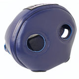 Close rear-side view of the blue THAISMAI HG-152 head guard, showing the padded shell, ear openings and blue contrast stitching on a white background.