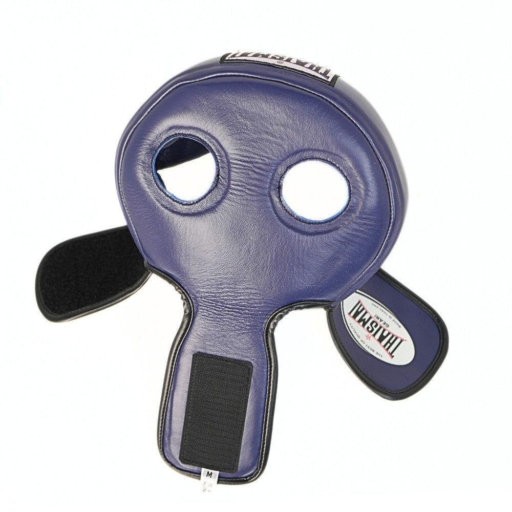 Close rear view of the blue THAISMAI HG-152 Muay Thai head guard, showing the padded rear strap, ear openings and visible size marker on a white background.