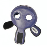 Close rear view of the blue THAISMAI HG-152 Muay Thai head guard, showing the padded rear strap, ear openings and visible size marker on a white background.