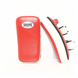 THAISMAI KP142 Muay Thai kick pad in red and white, shown from the front and side with its padded target face and double straps.