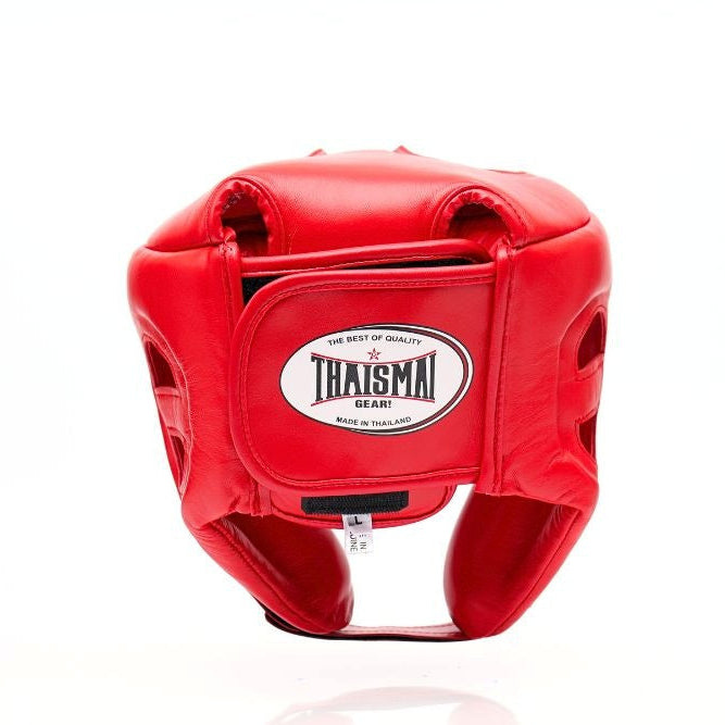 Rear view of the red THAISMAI HG-152 head guard showing the padded hook-and-loop back strap, rear coverage and THAISMAI logo against a white background.