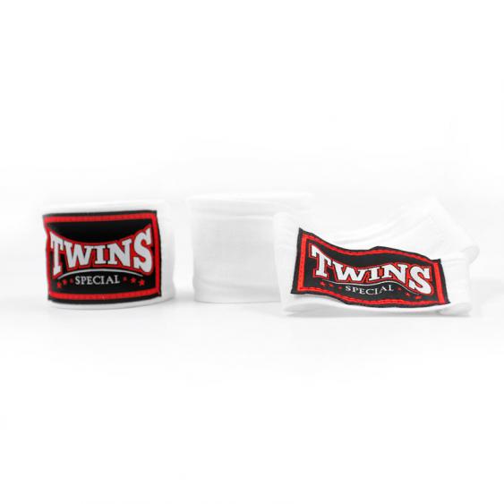 White Twins Special boxing hand wraps with embroidered Twins logo patches displayed on a white background