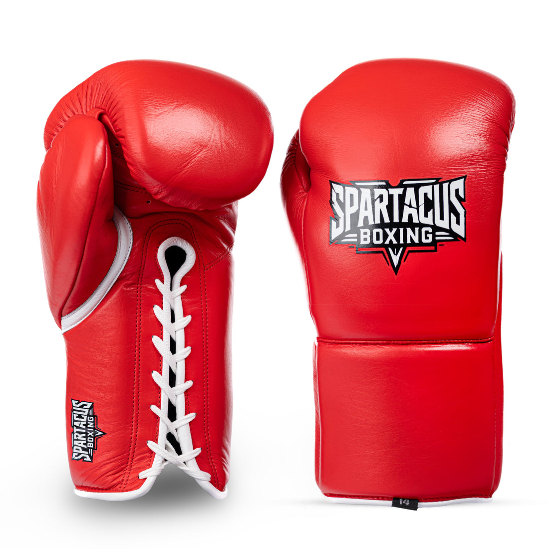 Red Spartacus Boxing sparring gloves with lace-up wrist closure.