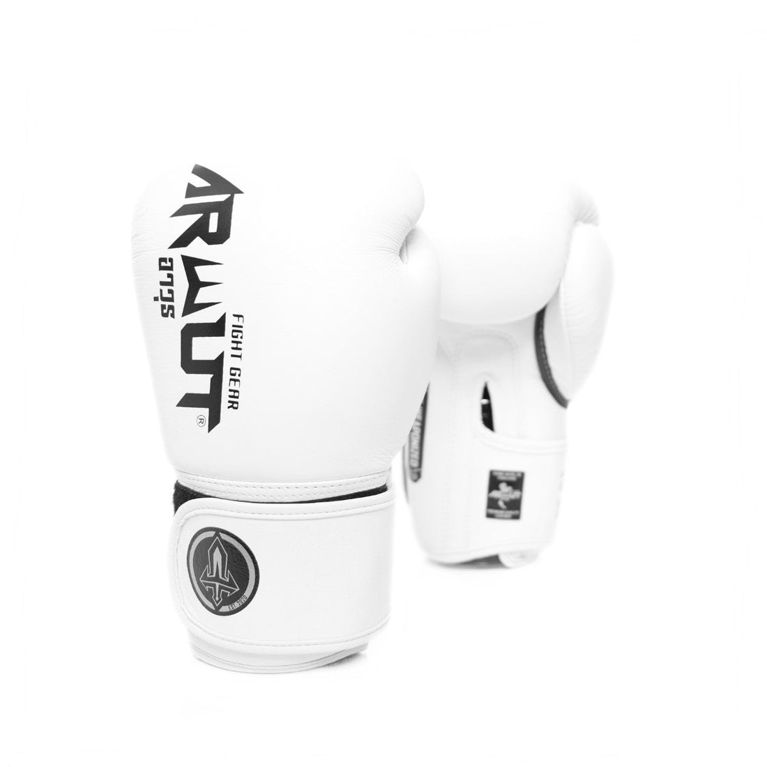 ARWUT BG5 The Ascent white Muay Thai boxing gloves in genuine leather with high-density foam padding and ergonomic fist shape, pair on a white background