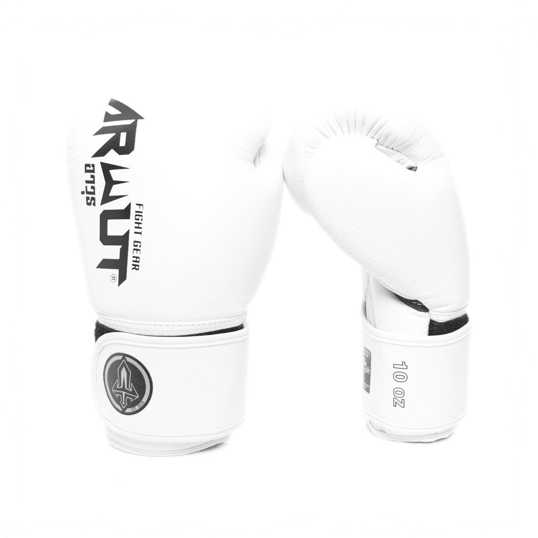ARWUT BG5 The Ascent white Muay Thai boxing gloves in genuine leather with high-density foam padding and ergonomic fist shape, pair on a white background