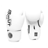 ARWUT BG5 The Ascent white Muay Thai boxing gloves in genuine leather with high-density foam padding and ergonomic fist shape, pair on a white background