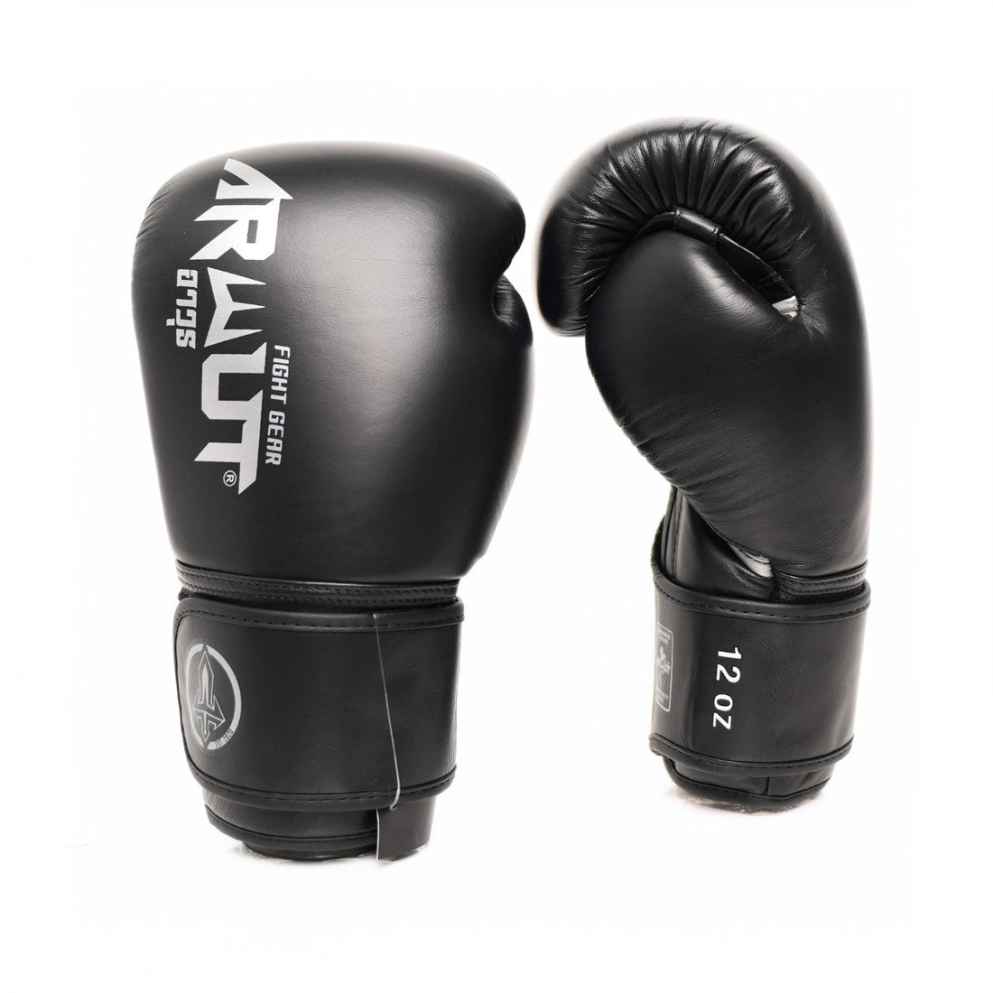 ARWUT BG5 The Ascent Jet Black Muay Thai boxing gloves in genuine leather with high-density foam padding and ergonomic fist shape, pair on a white background