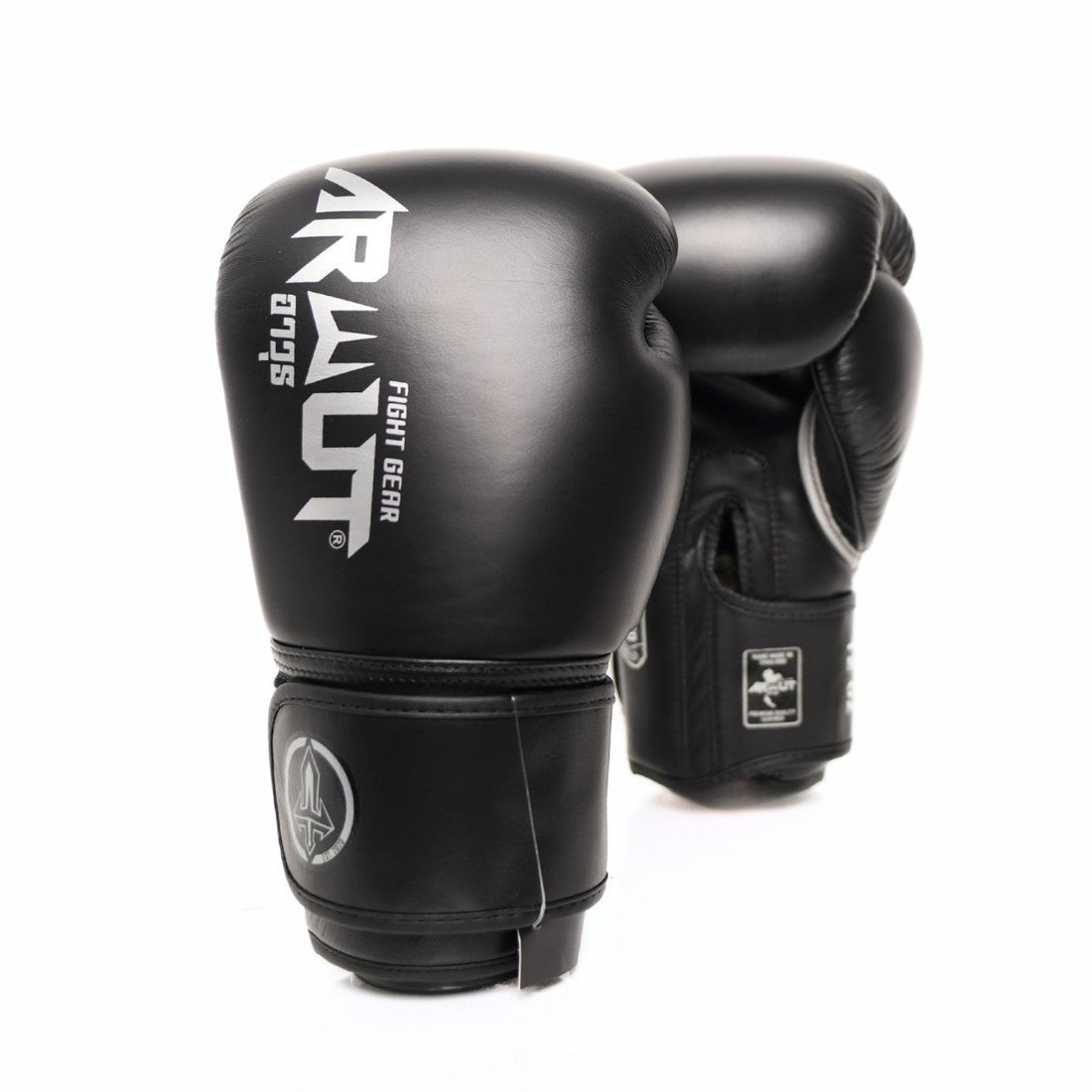 ARWUT BG5 The Ascent Jet Black Muay Thai boxing gloves in genuine leather with high-density foam padding and ergonomic fist shape, pair on a white background
