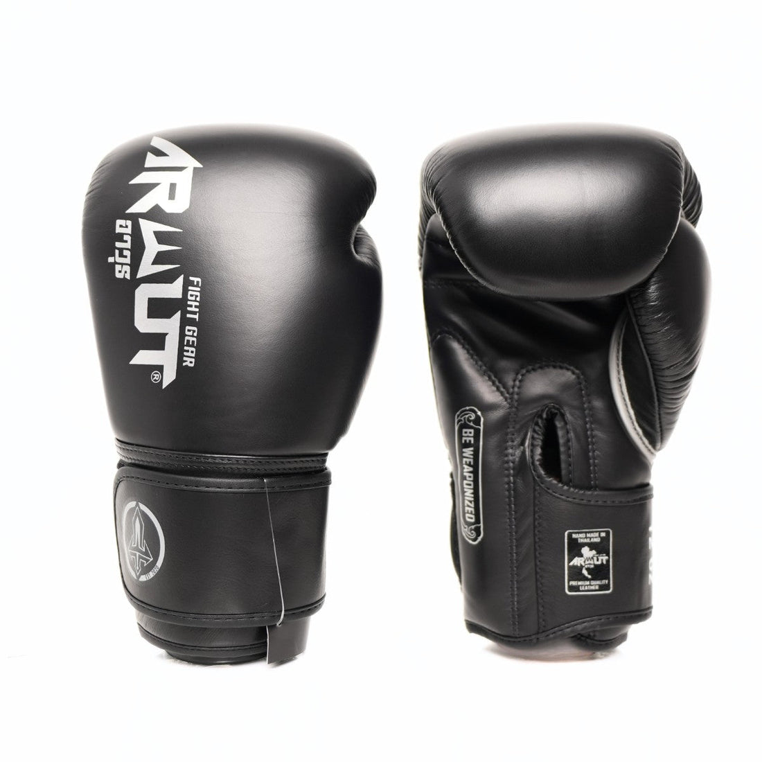 ARWUT BG5 The Ascent Jet Black Muay Thai boxing gloves in genuine leather with high-density foam padding and ergonomic fist shape, pair on a white background