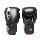 ARWUT BG5 The Ascent Jet Black Muay Thai boxing gloves in genuine leather with high-density foam padding and ergonomic fist shape, pair on a white background