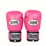 Two pink THAISMAI BG124 boxing gloves shown side by side from the front, with white oval glove logos, black wrist trim and a white background.