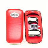 Pair of THAISMAI KP142 Muay Thai kick pads in red and black, shown from the front and strap side with double arm bands.