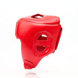 Side view of the red THAISMAI HG-152 Muay Thai sparring head guard with padded shell and ear openings