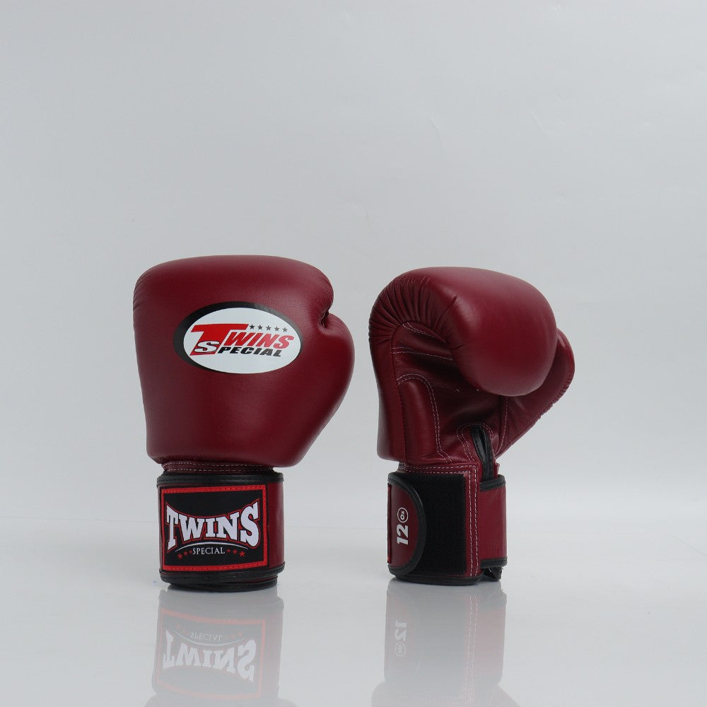Maroon Twins Special BGVL-3 boxing gloves showing the front logo, palm and wrist closure.