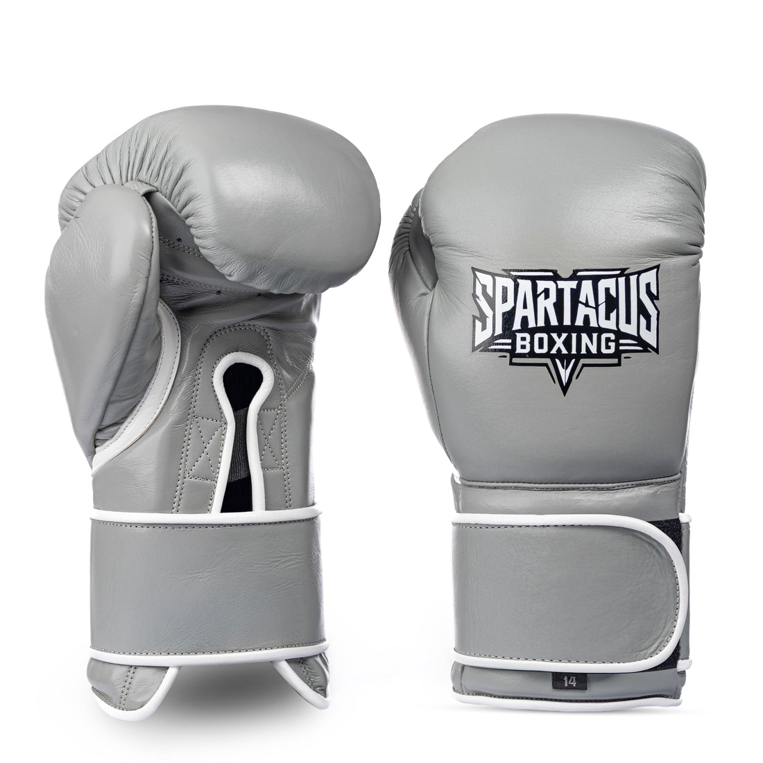 Gray Spartacus Boxing Velcro sparring gloves with hook-and-loop wrist closure.