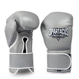 Gray Spartacus Boxing Velcro sparring gloves with hook-and-loop wrist closure.