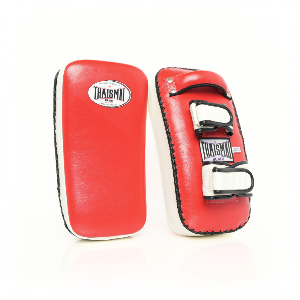 Pair of THAISMAI KP142 Muay Thai kick pads in red and white, shown from the striking face and rear double-strap side.