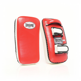 Pair of THAISMAI KP142 Muay Thai kick pads in red and white, shown from the striking face and rear double-strap side.