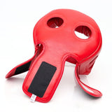 Rear view of the red THAISMAI HG-152 Muay Thai sparring head guard with hook-and-loop strap, ear openings and padded shell