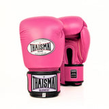 Pair of pink THAISMAI BG124 boxing gloves shown from the front and back, with black wrist straps, white THAISMAI branding and a white background.