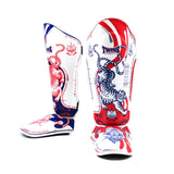 Front view of Twins Special FSGL10-67 YANT leather shin guards showing full shin and instep coverage, protective foam padding and hook-and-loop closures on a white background
