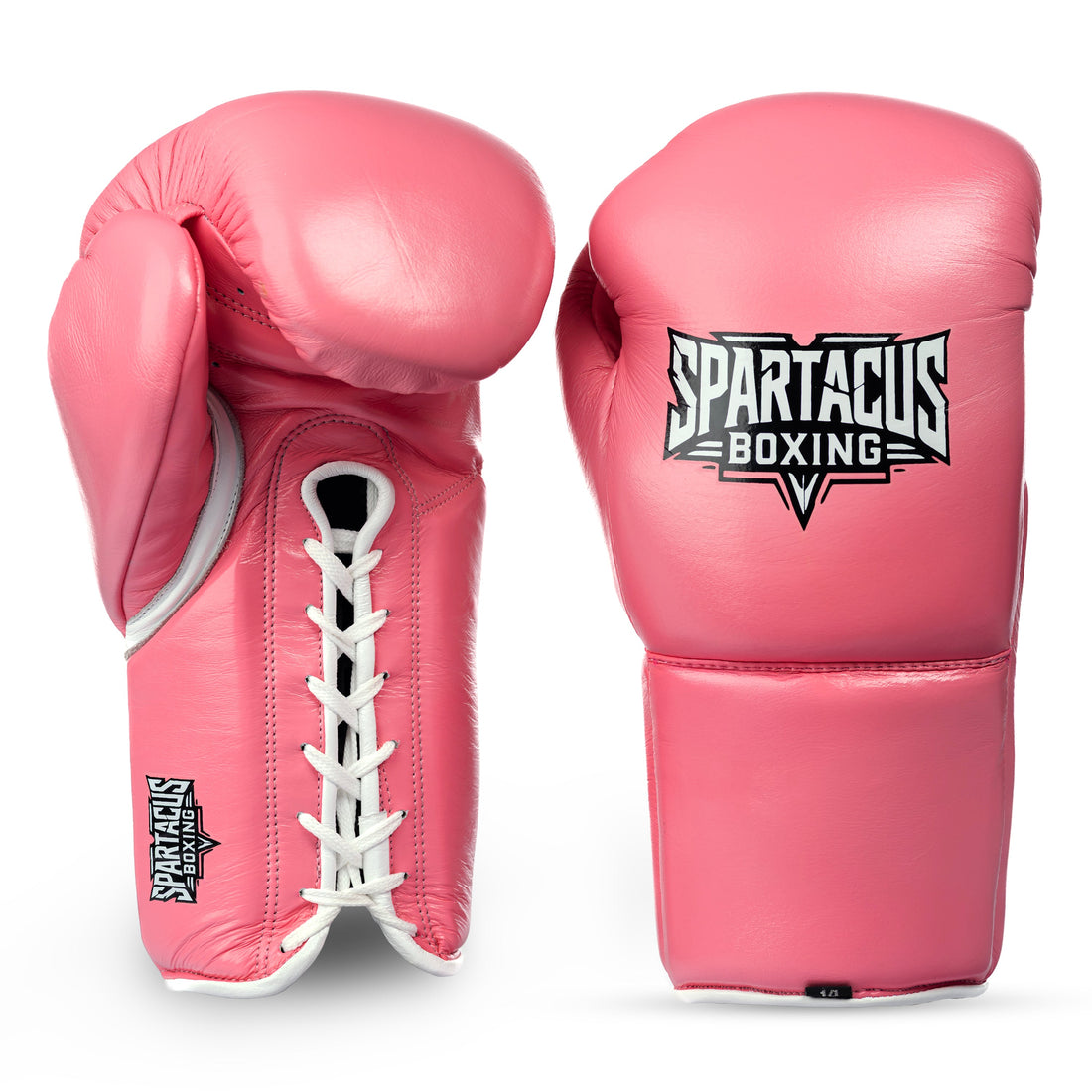 Pink Spartacus Boxing sparring gloves with lace-up wrist closure.