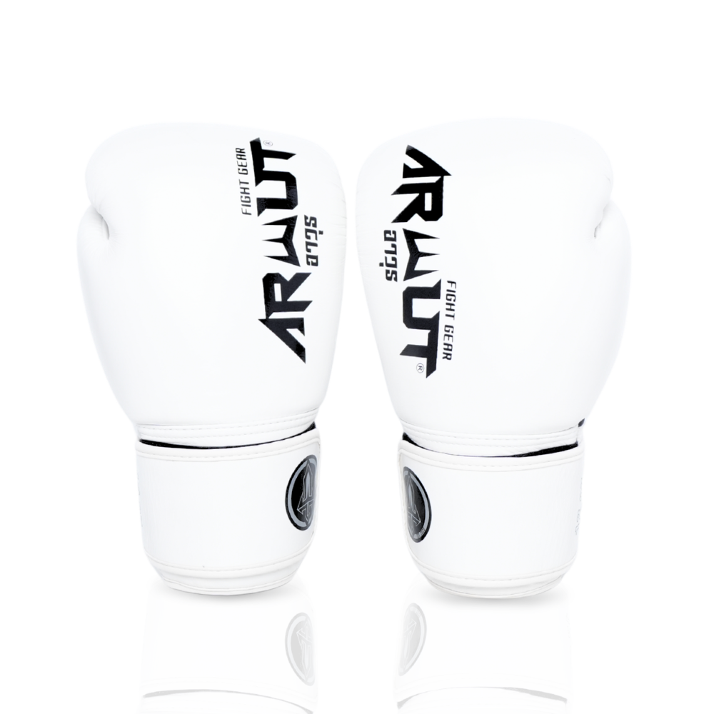 ARWUT BG5 The Ascent white Muay Thai boxing gloves in genuine leather with high-density foam padding and ergonomic fist shape, pair on a white background