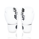 ARWUT BG5 The Ascent white Muay Thai boxing gloves in genuine leather with high-density foam padding and ergonomic fist shape, pair on a white background