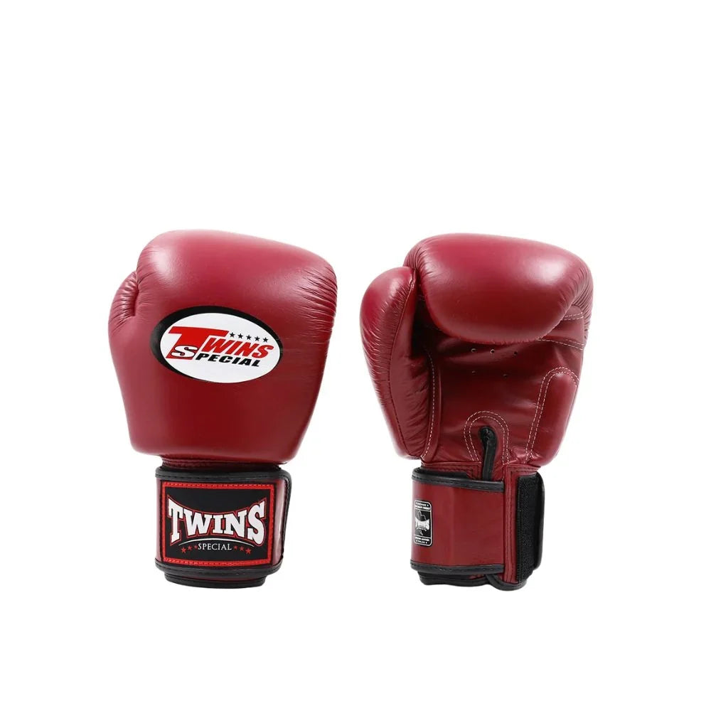 Burgundy Twins Special BGVL-3 boxing gloves showing the knuckle and palm sides with black-trimmed wrist straps