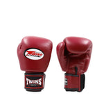 Burgundy Twins Special BGVL-3 boxing gloves showing the knuckle and palm sides with black-trimmed wrist straps